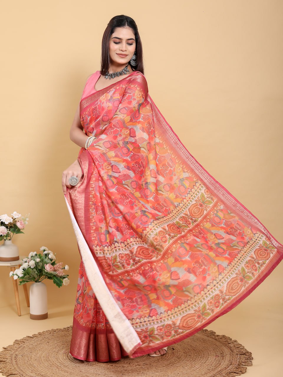 Bold Red Linen Cotton Saree | Folk Art & Geometric Jacquard Print ✨